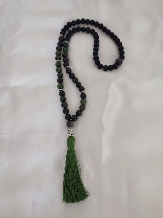 Japamala na pedra Jaspe Verde e Obsidiana